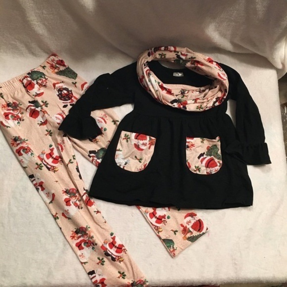 Unbranded‎ Santa Christmas 3pc Set Kids XL Black Cream Excellent Ruffle Scarf